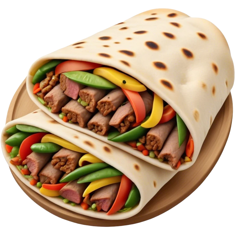 Cinematic Realistic Shawarma Dish Emoji, showcasing spiced, succulent meat wrapped in flatbread with fresh vegetables rendered with lifelike detail and dynamic, appetizing lighting. emoji