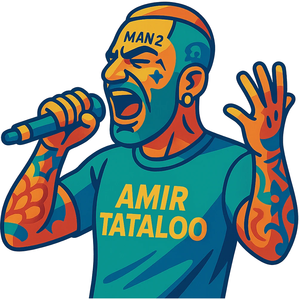 Amir Tataloo performing 'Man 2' with dynamic colors in vibrant toon style emoji