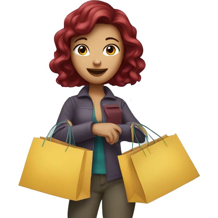Burgundy haired girl, shopaholic, carrying a lot of shopping bags emoji