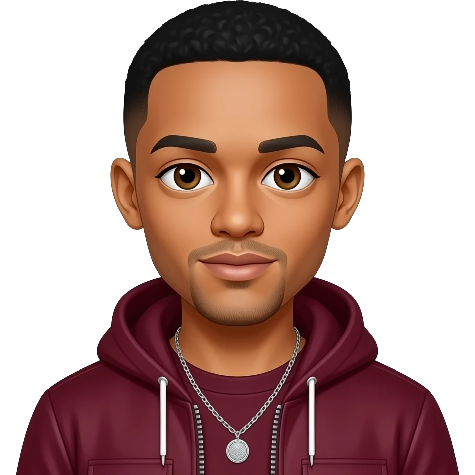 Jaden Smith with brown eyes, black hair, maroon pop-rap outfit, necklace emoji