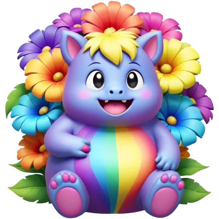 3D, Kawaii derpy fat rainbow monster sitting in a magical rainbow hued flower, rich textures, visually detailed, so lifelike that it feels like it could leap off the page at any moment emoji