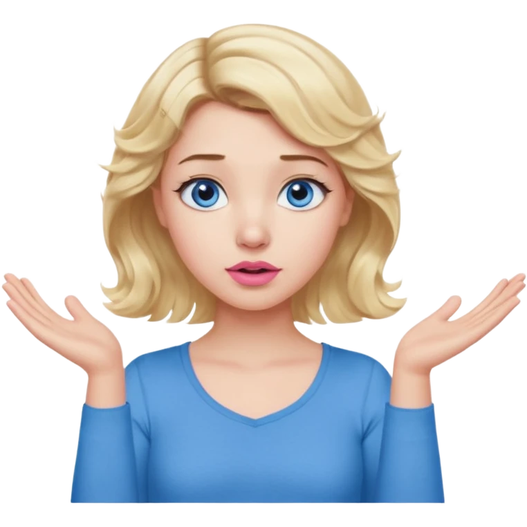 Girl Blonde short wavy hair,  blue eyes, cute blue top, long lashes, pink lips, confused, shrugging hands raised emoji