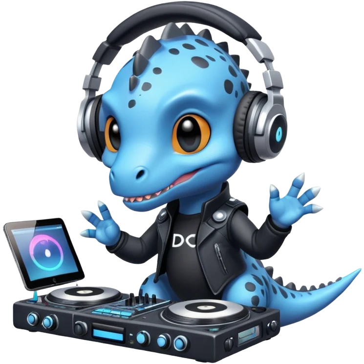 Dinosaurio muy tierno músico DJ con ropa negra futurista verexxo  emoji