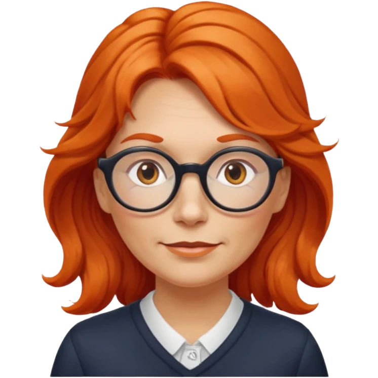 middle-aged Norwegian woman with long wavy orange-red hair tied loosely to the left, wearing large round glasses emoji
