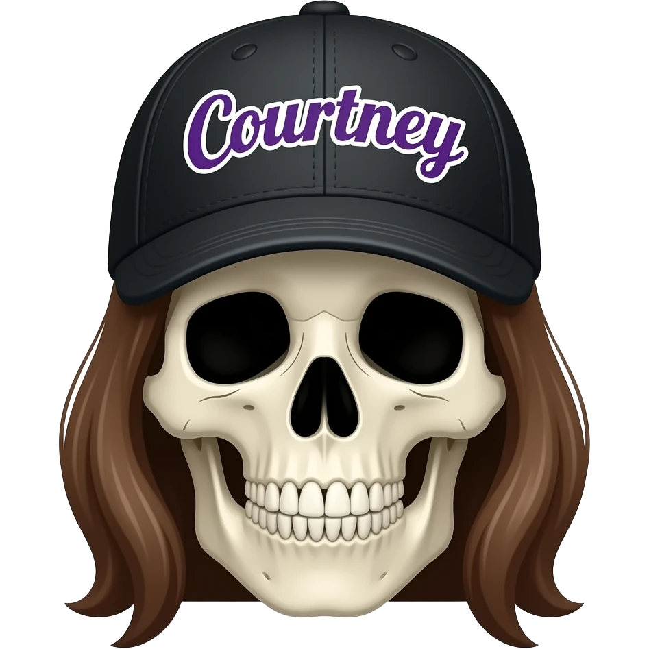 A skeleton head wearing a black baseball cap that says "Courtney" with purple lettering and white bordering, with long brown hair emoji