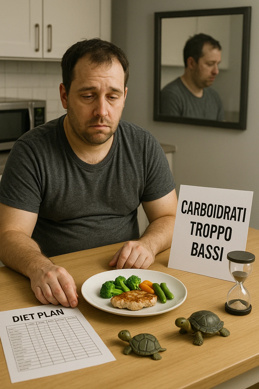 Uomo sui 35 anni in cucina, con espressione affaticata e spenta, guarda un piatto con pochissimi carboidrati (solo qualche verdura e proteine). Accanto a lui, fogli con una dieta rigida e una scritta visibile: 'Carboidrati troppo bassi'. Il suo corpo appare bloccato, senza definizione, con uno specchio alle spalle che riflette una figura stanca e senza progressi. Sul tavolo ci sono simboli che richiamano il metabolismo rallentato: una tartaruga, una clessidra ferma. emoji