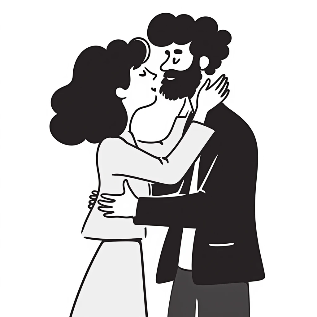 curly haired girl kissing a man with a beard, romantic couple kiss emoji