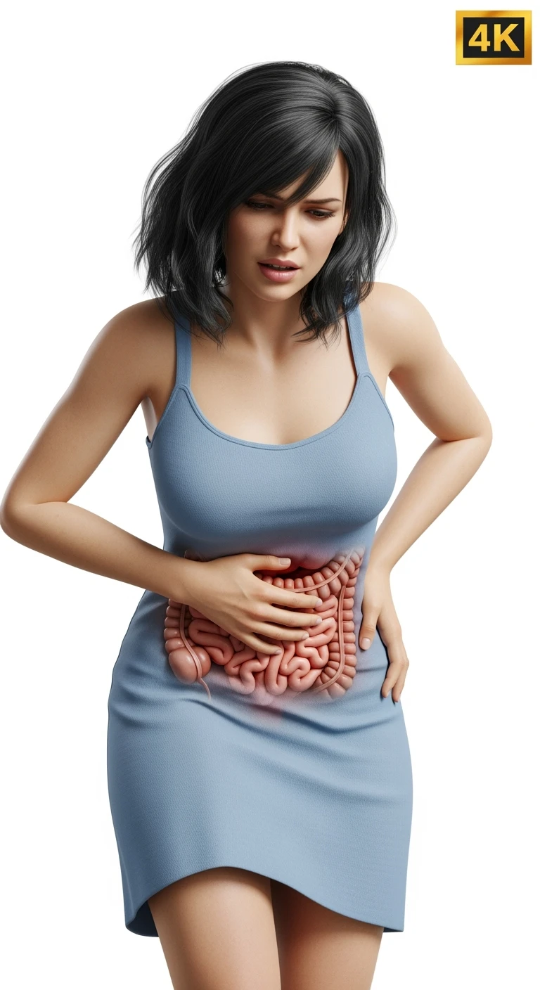 donna con intestino realistico e mal di pancia, iperrealistico 4k, isolata su sfondo bianco emoji