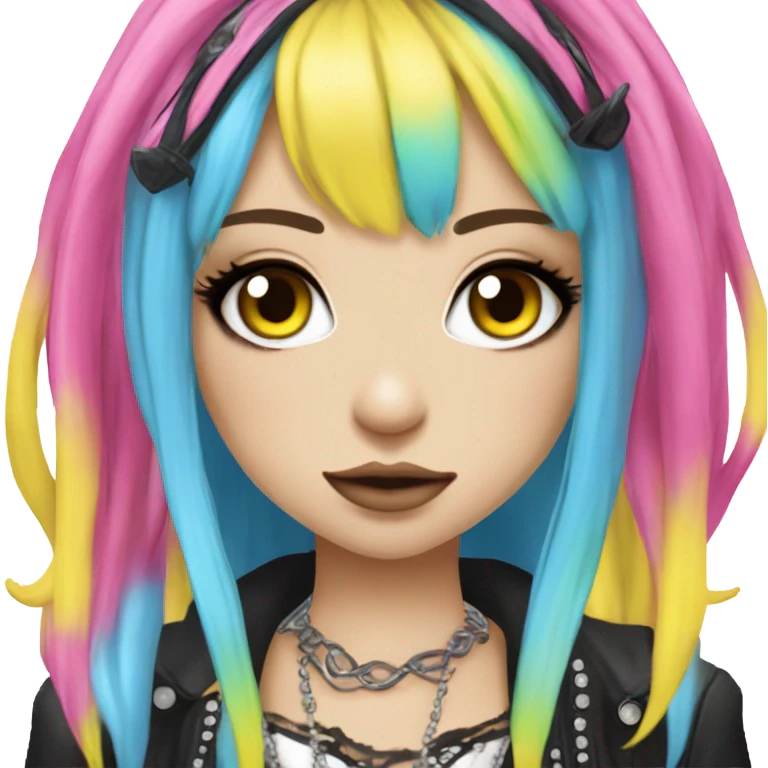 Blue eyed long eye lashes pout blonde and pink hair pale hime gyaru girl, hot pink and yellow split-dyed hair, nose ring, elf ears, dark makeup, punk clothes emoji