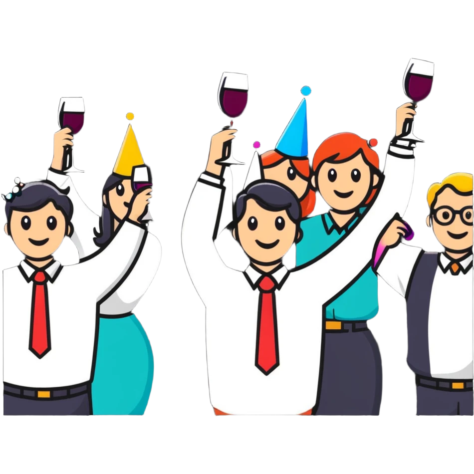 group of happy office workers celebrating with party hats, confetti and wine glasses emoji