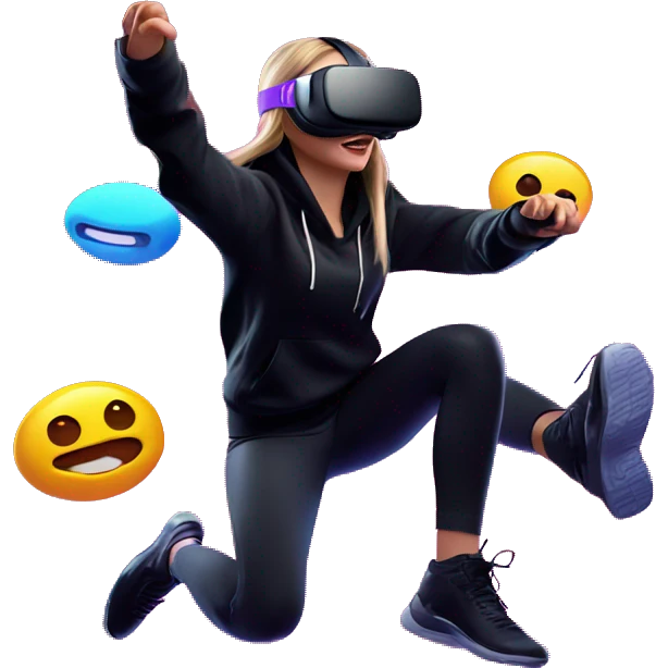 Russian girl wearing black hoody with violet letters "OMG", in vr headset oculus quest2. jumping. Cyberpunk style. Violet neon. emoji