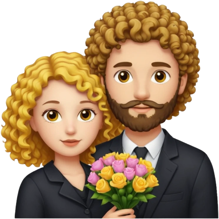 curly haired girl with yellow eyes and hair parted from the right side, with a handsome bearded man holding a bouquet, charming emoji