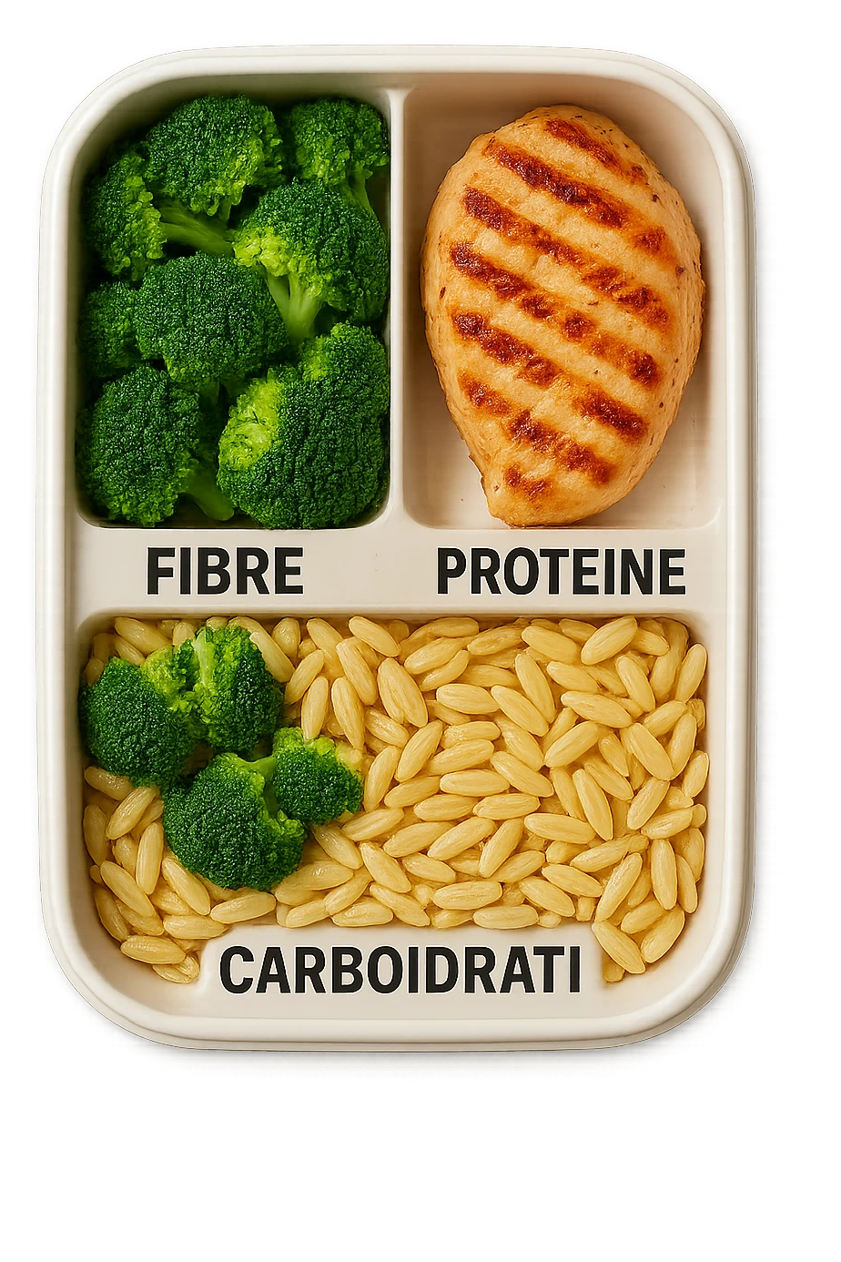 EMOJI STILE IPHONE DI una schiscetta vista dall'alto con 3 porzioni ben distinte: nelle porzioni scrivi le parole FIBRE, PROTEINE, CARBOIDRATI, iperrealistica 4k emoji