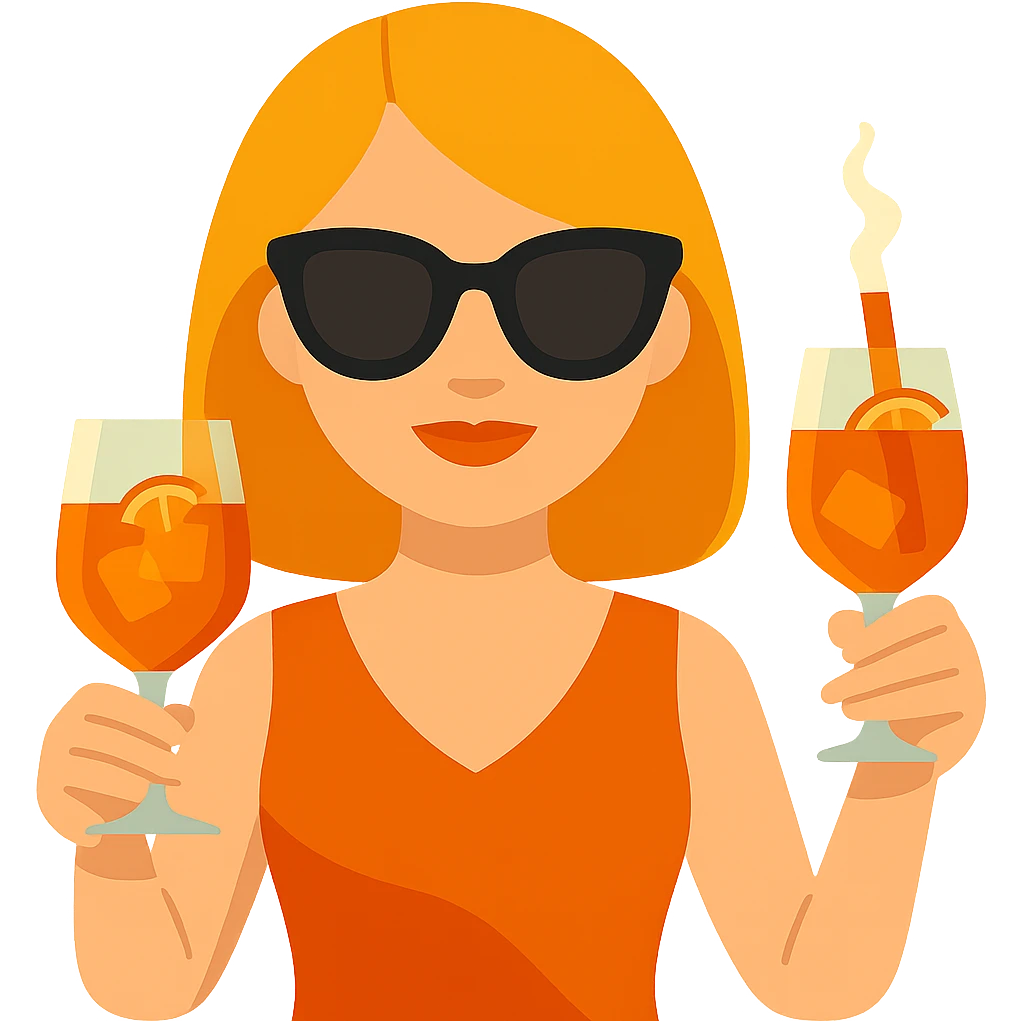Add sunglasses to the Italian girl and make her hair dark blond, keep the Aperol Spritz and vibrant toon emoji style, with no background. emoji