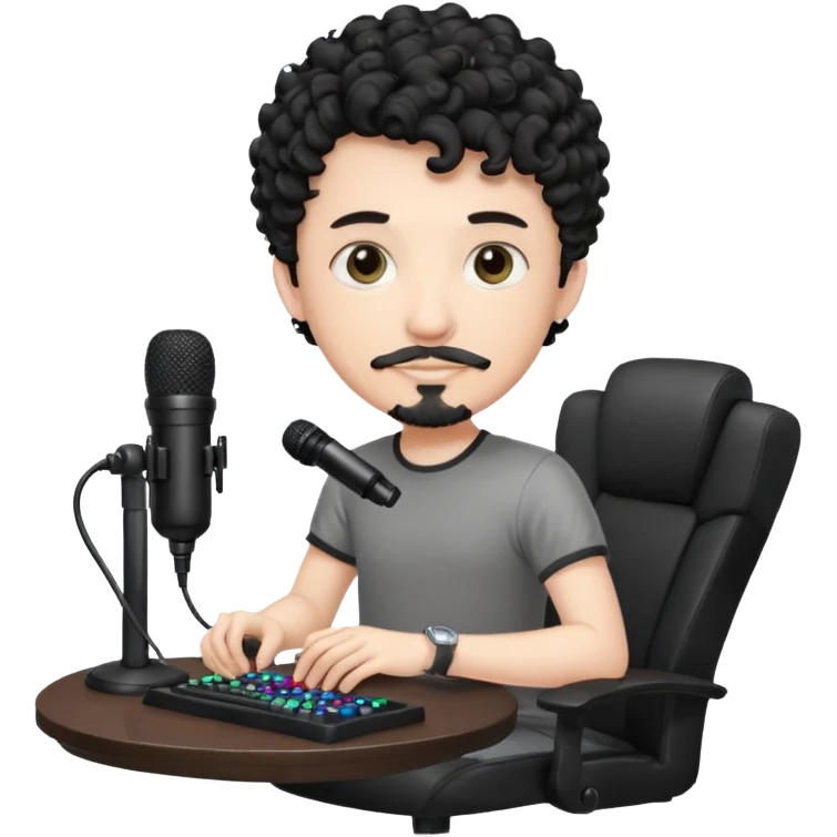 a setup of a youtuber his blach curly short hair, white skin, a thin goatee, with a desktop pc on a table, a gaming chair, microphone, ring light emoji