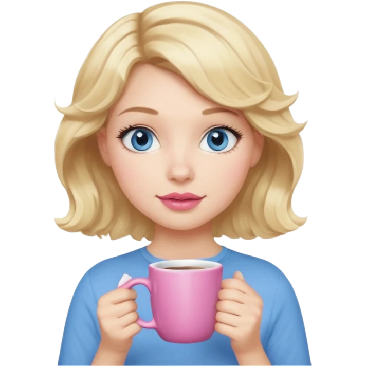 Girl Blonde short wavy hair,  blue eyes, cute blue top, long lashes, pink lips, holding coffee mug emoji
