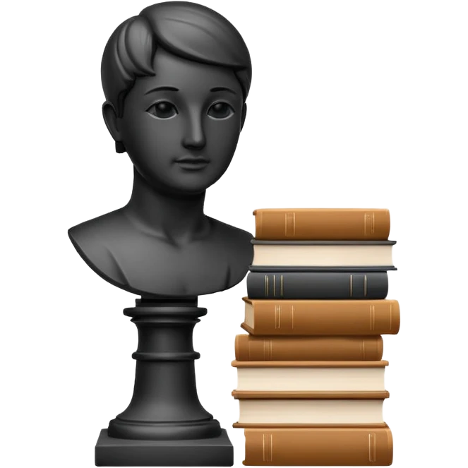 Minimalistic flat vector icon, iOS style, thin black contour on white background. Bust statue on a small pedestal next to a stack of books, symbolizing classic literature. Clean, no text, no shadows emoji