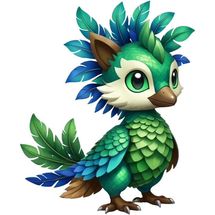 Cute cool fantasy animal hybrid Fakemon full body, green scales, green leaves, brown feathers, blue feathers emoji