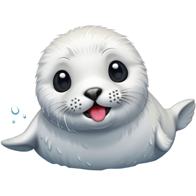 A fluffy, all-white furred, tiny seal having fun in the lake while sticking his tongue out. emoji