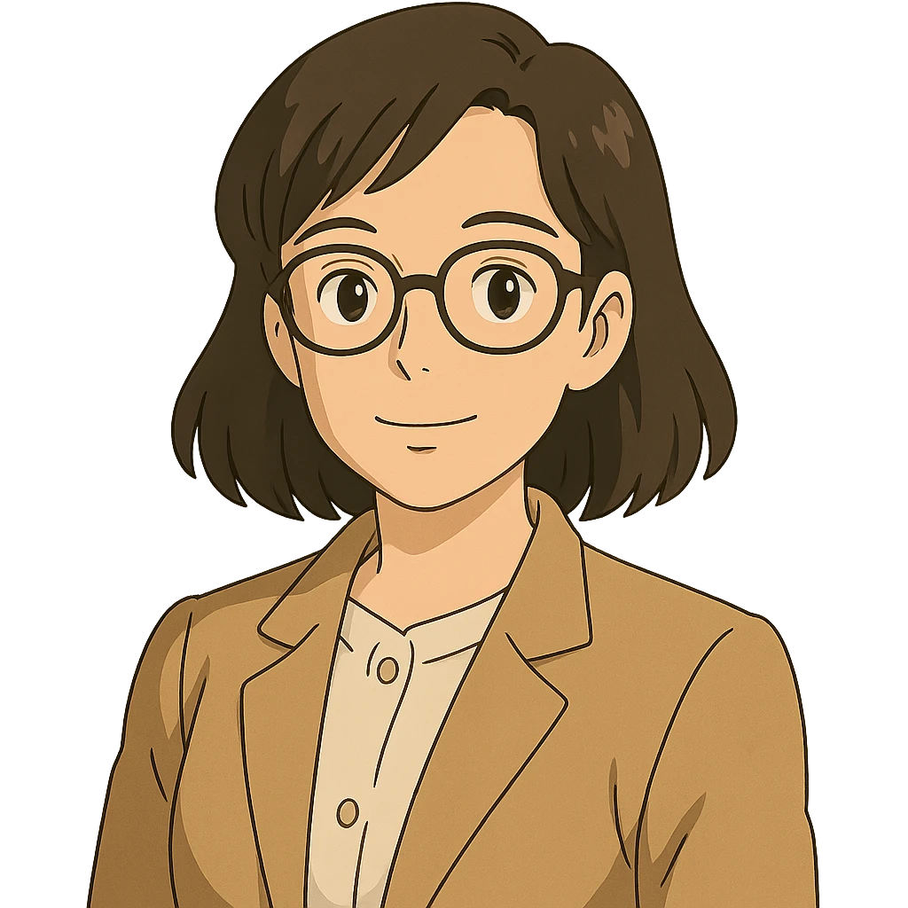 profesora de cabello castaño oscuro hasta los hombros con gafas, fondo neutro emoji