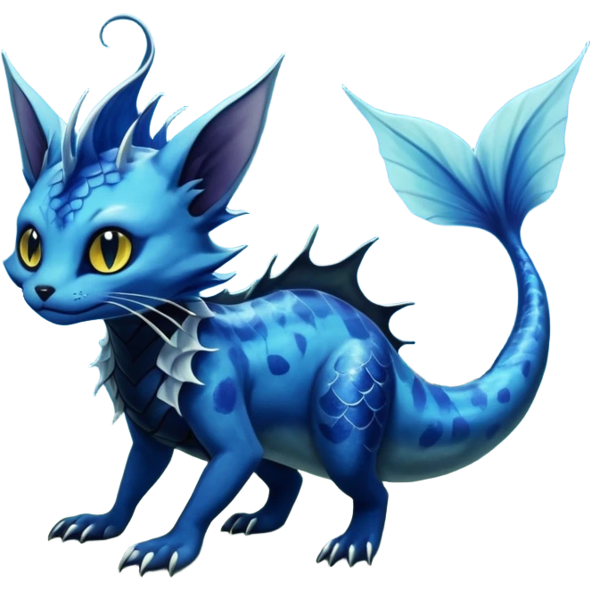 Epic complex abyssal fantasy swampy glorious detailed dark dusky gloomy deep gothic gloomy cobalt-blue-abyss-blue-black-greyish, realistic Fakémon-Sprigatito-Floragato-Meowscarada-Vaporeon-Salandit-Trico-Sergal-Serval-Vernid-creature (full body) with mermaid-ears, tail fin, shiny sparkly, iridescent emoji