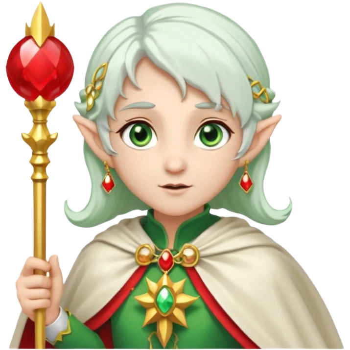an elf with very white hair and two  pigtails on the side of her head, she has a curtain bang, green eyes, she has a white cape with golden borders and a scepter with a red orb, she has earrings that look like red drops emoji