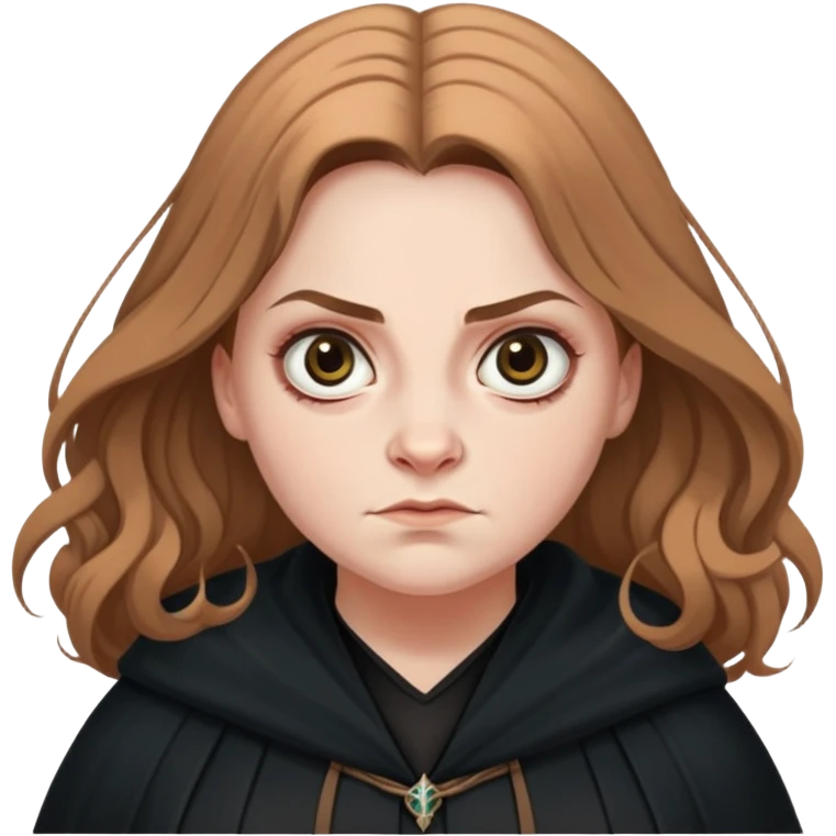 Alecto Carrow in harry potter, a woman fat, light brown tied hair, look evil, black cloak emoji
