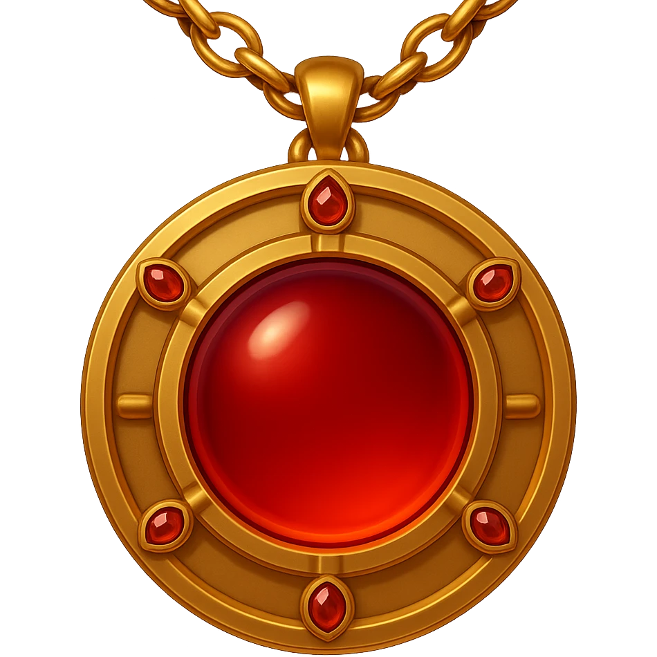 Make the garnet round and glowing wine-red, enchanted talisman of resilience, love, and becoming, golden chain, ethereal and moving, in emoji style emoji