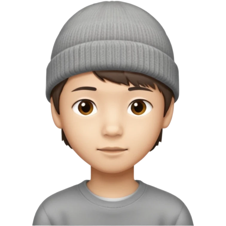 Asian boy, 14, short brown hair, side bangs, grey beanie emoji