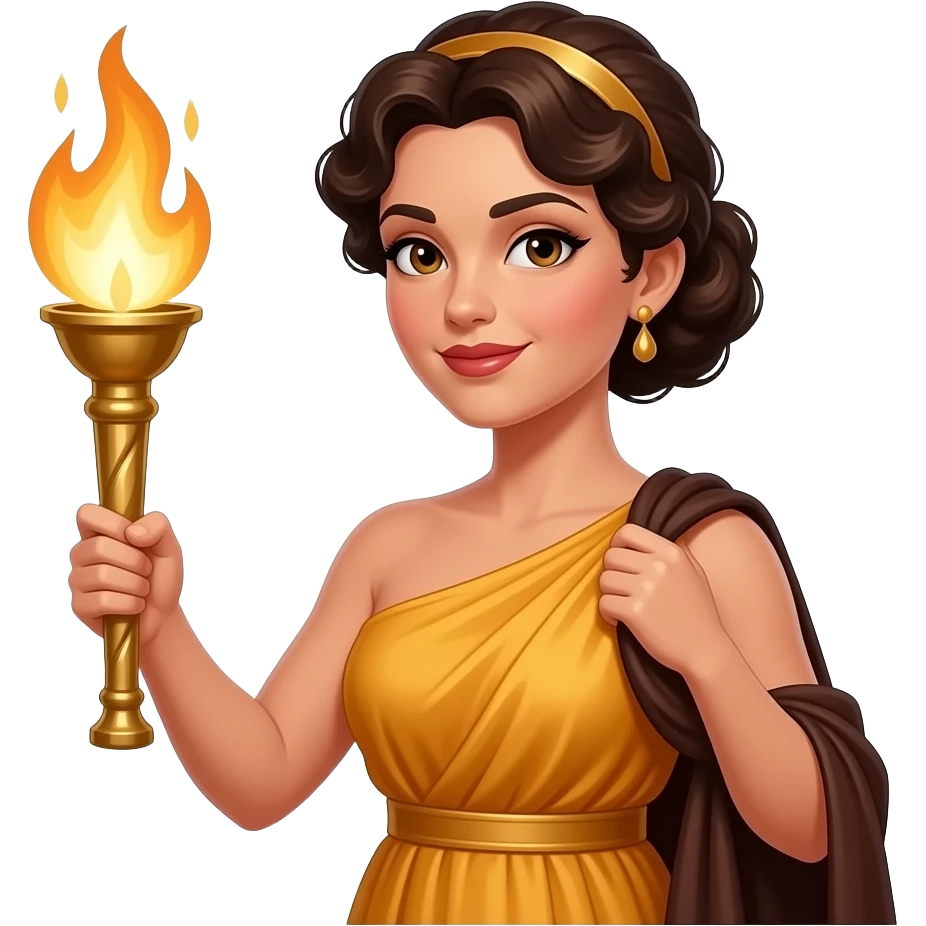Columbia Pictures Torch Lady with dark brown curly low bun hair, amber peplos, one holding torch, one holding dark brown drape emoji