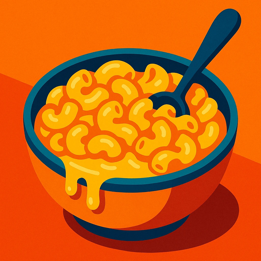 a bowl of macaroni and cheese with a spoon, creamy cheese sauce, comfort food vibe emoji