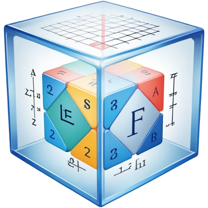 An icon featuring a transparent cube with geometric sections and mathematical calculations, symbolizing the study of mathematics. The design includes algebraic formulas, graphs, and mathematical symbols, representing advanced mathematical concepts and problem-solving. Transparent background emoji