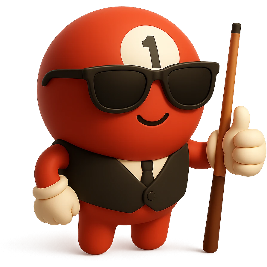 Add a cue stick to the 3D red snooker ball character with white gloves giving a thumbs up, wearing sunglasses and a black waistcoat. Keep the existing 3D red style and transparent background. emoji