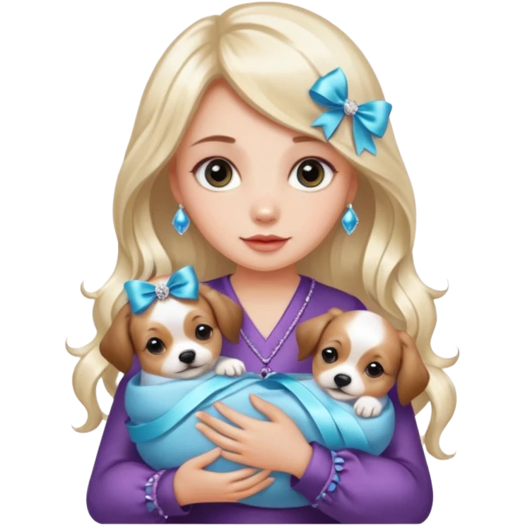 woman holding baby dogs with ribbons and crystals emoji