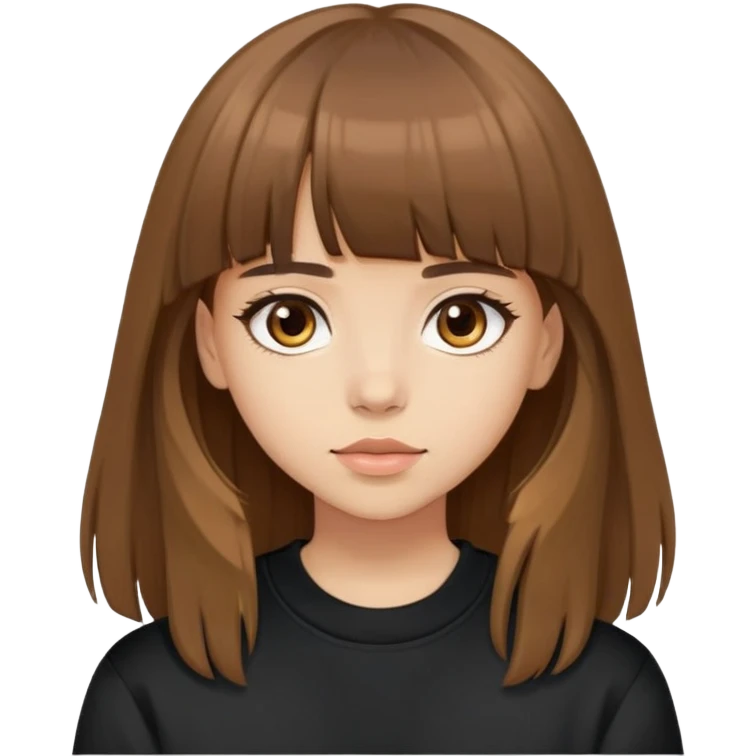 Light skinned girl with brown eyes, long brown hair with bangs, wearing a black sweatshirt emoji