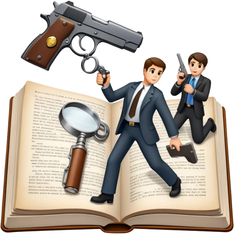Icon for Action & Crime Reading: an open book with action-packed scenes on the pages, including detectives, chase scenes, and suspenseful moments. Add a gun, handcuffs, and a magnifying glass, while keeping the book as the main focus. Transparent background. emoji