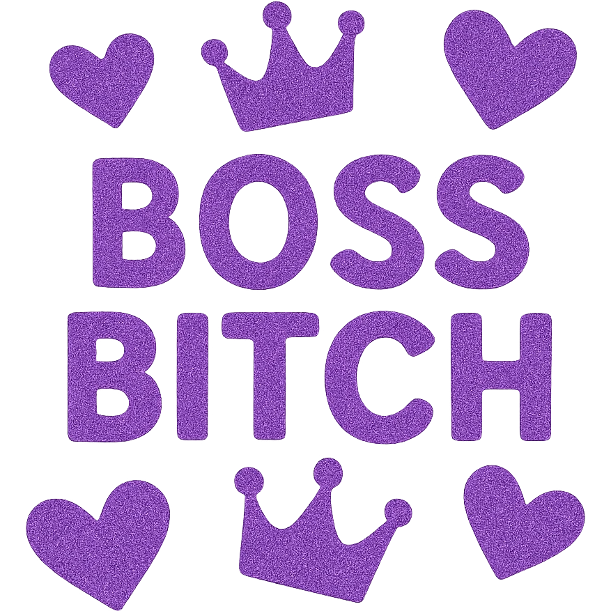 Purple Hearts and crowns with glitter and the words boss bitch, remove background emoji