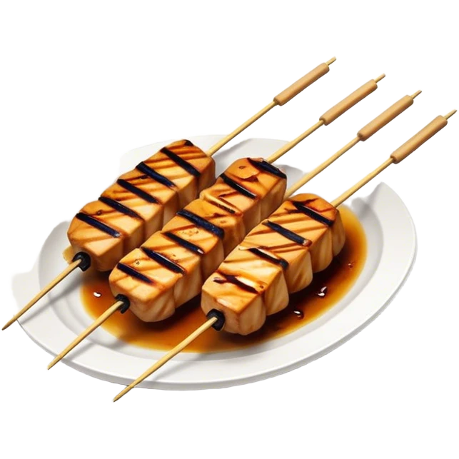 Cinematic Realistic Yakitori Dish Emoji, depicted as skewered, grilled chicken pieces with a charred finish rendered with crisp textures and appetizing, natural lighting. emoji