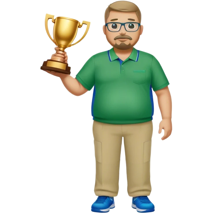  full body white obese male basketball coach with trophy. Goatee , Wearing glasses and blue and green nike polo shirt and khaki pants emoji