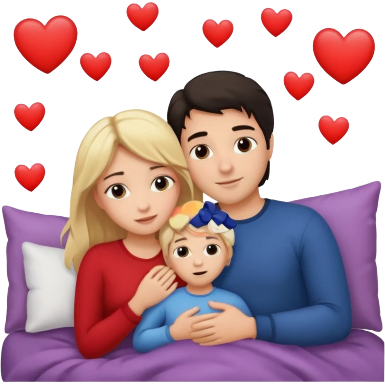 two people cuddling in bed. man has dark hair. woman is blonde. hearts surrounding them. emoji
