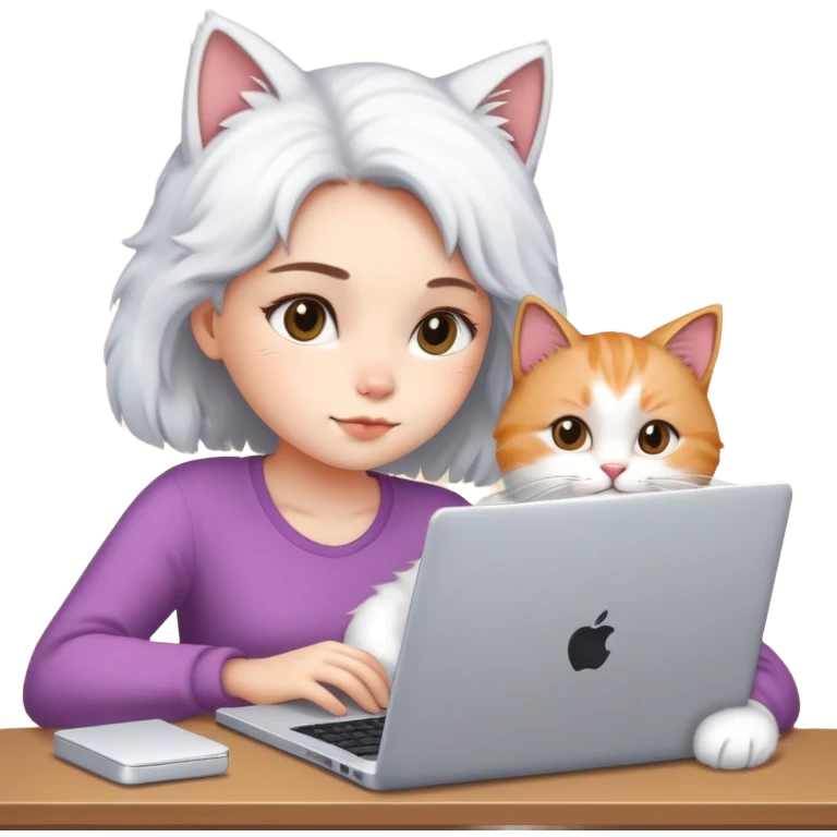 A girl is working hard on a laptop with a cat next to it emoji