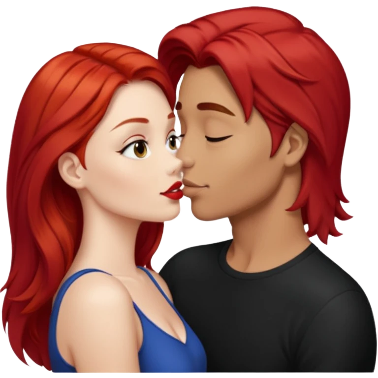 Long red hair woman kissing cute tan guy with short dark hair emoji
