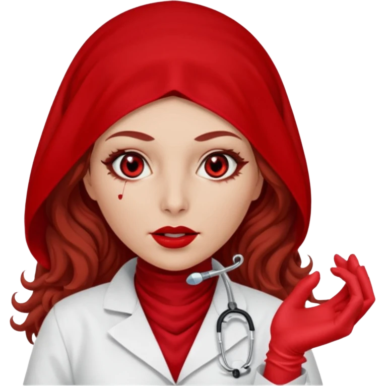 Lilith scalpel in hand, evil surgeon sexy surgeon clothes.  She has red eyes. She brown long curly hair. Wears sexy doctor outfit with red gloves. Wears red burka Covers mouth neck and nose with red burka to hide her identity emoji