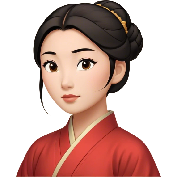 Cinematic Timeless Mulan Portrait Emoji, rendered in a clean vector style. Depict Mulan with warm, light-toned skin, neatly styled dark hair in a traditional bun, and a serene, confident expression, dressed in a simple traditional robe with minimal decoration. The image is highlighted by a soft, inviting glow and a subtle glowing outline, capturing enduring beauty and quiet strength. emoji