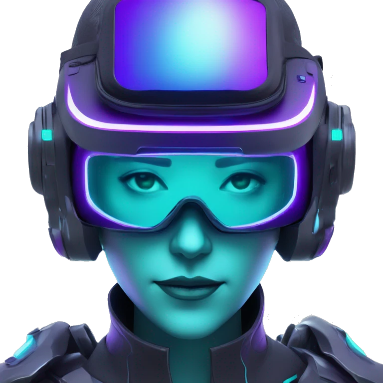 Secret humanoid agent in a futuristic hat with in Apple VR goggles headset code display on the goggles , cyberpunk, cyan and purple colors, only upper body portrait, front facing the camera  emoji