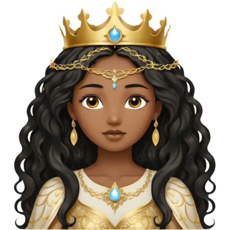 a black beautiful angel with gold pattern on her face and and long wavy black hair, she wears a ethereal crown with sparkling strings and a beautiful sparkling golden gown with moon crest in the middle of the gown, her face calm, gentle and kind, magical aura around her emoji