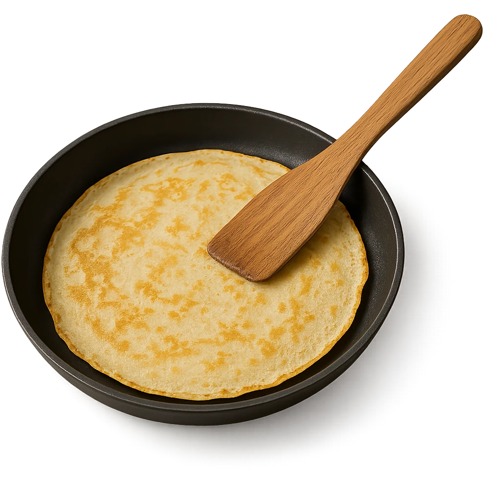 a French crepe being cooked in a pan, with a wooden spatula emoji