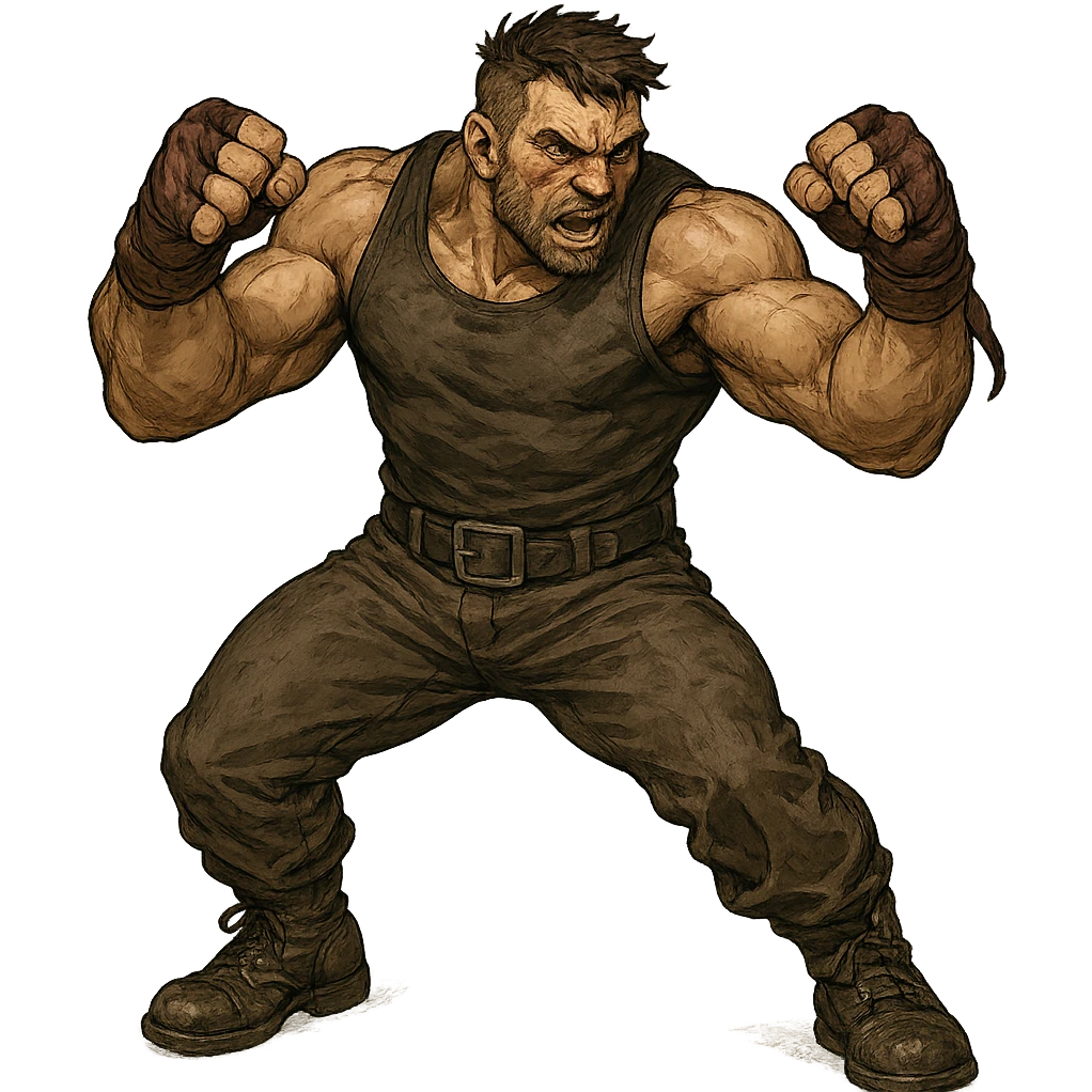 a tough brawler character, muscular, ready to fight, in a dynamic pose, detailed general illustration emoji