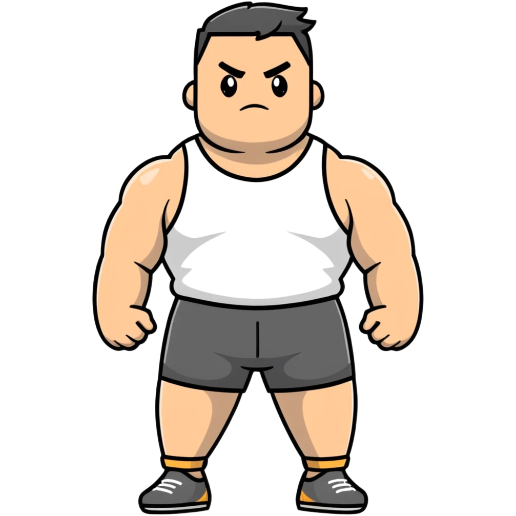 full body bulky male figure standing wearing athletic clothes, muscular build, not overweight but not skinny, tank top and shorts emoji