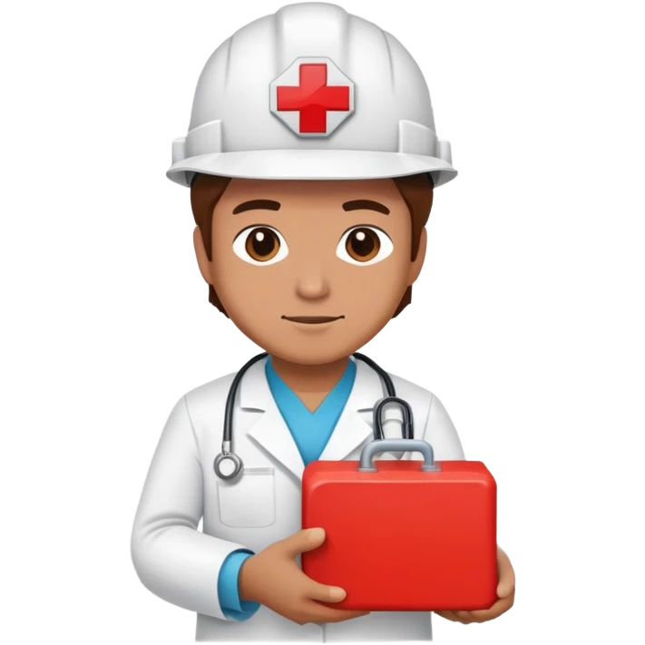 Brick mason wearing a hard hat but in a doctors gown emoji holding a big red brick emoji